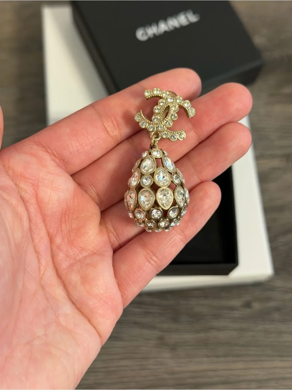 CHANEL Gold and Silver Crystal CC Teardrop Clip On Dangle Earrings